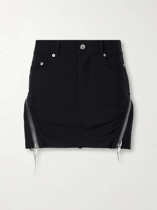 Image of a model wearing Skirts. Product name - Bolan Banana Frayed Wool Grain De Poudre Mini Skirt in Black colour by brand - Rick Owens