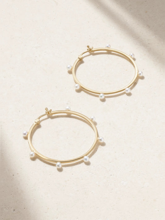 Large Dot 14-karat Gold Pearl Hoop Earrings