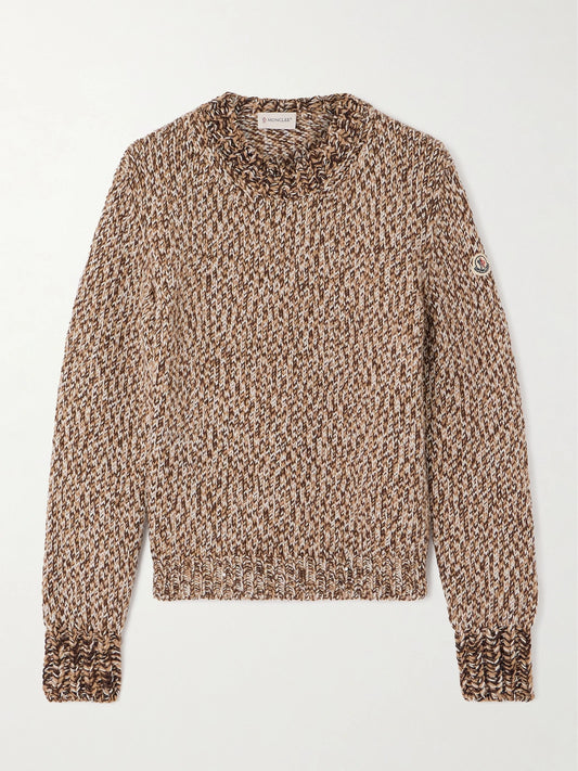 Image of a model wearing Outerwear. Product name - Archivio Dna Appliquéd Wool Sweater in Light brown colour by brand - Moncler