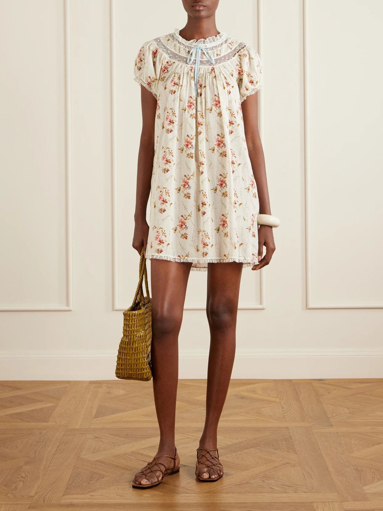 Image of Dresses. Product name - Daphne Lace-trimmed Pintucked Floral-print Organic Cotton-voile Mini Dress in Multi colour by brand - DÔEN