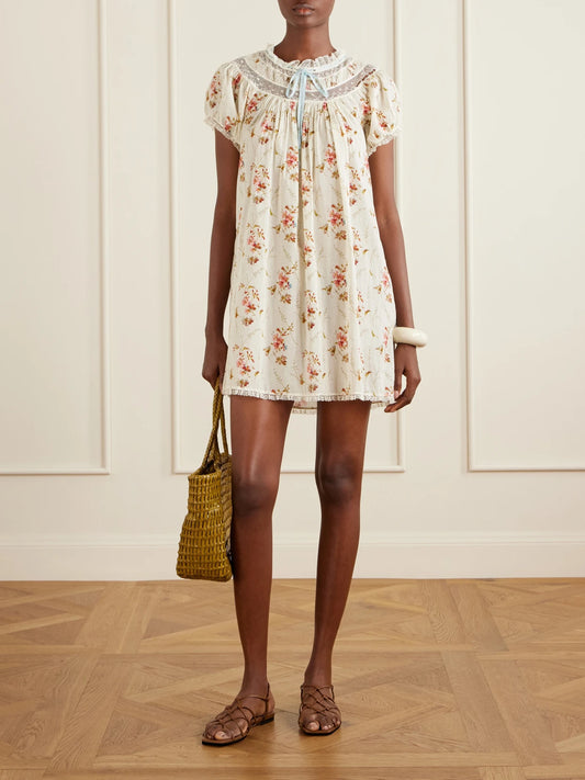 Image of Dresses. Product name - Daphne Lace-trimmed Pintucked Floral-print Organic Cotton-voile Mini Dress in Multi colour by brand - DÔEN