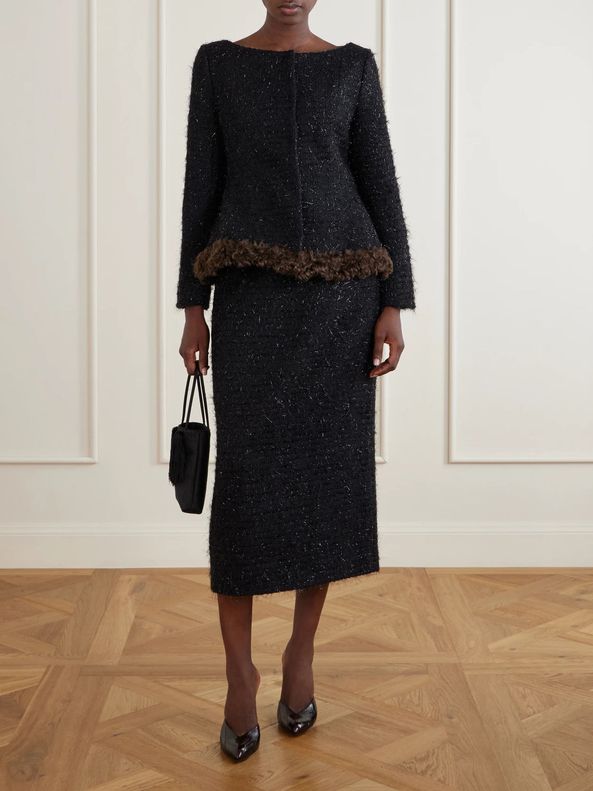 Image of Coats & Jackets. Product name - Plush-trimmed Metallic Tweed Jacket in Black colour by brand - Simone Rocha