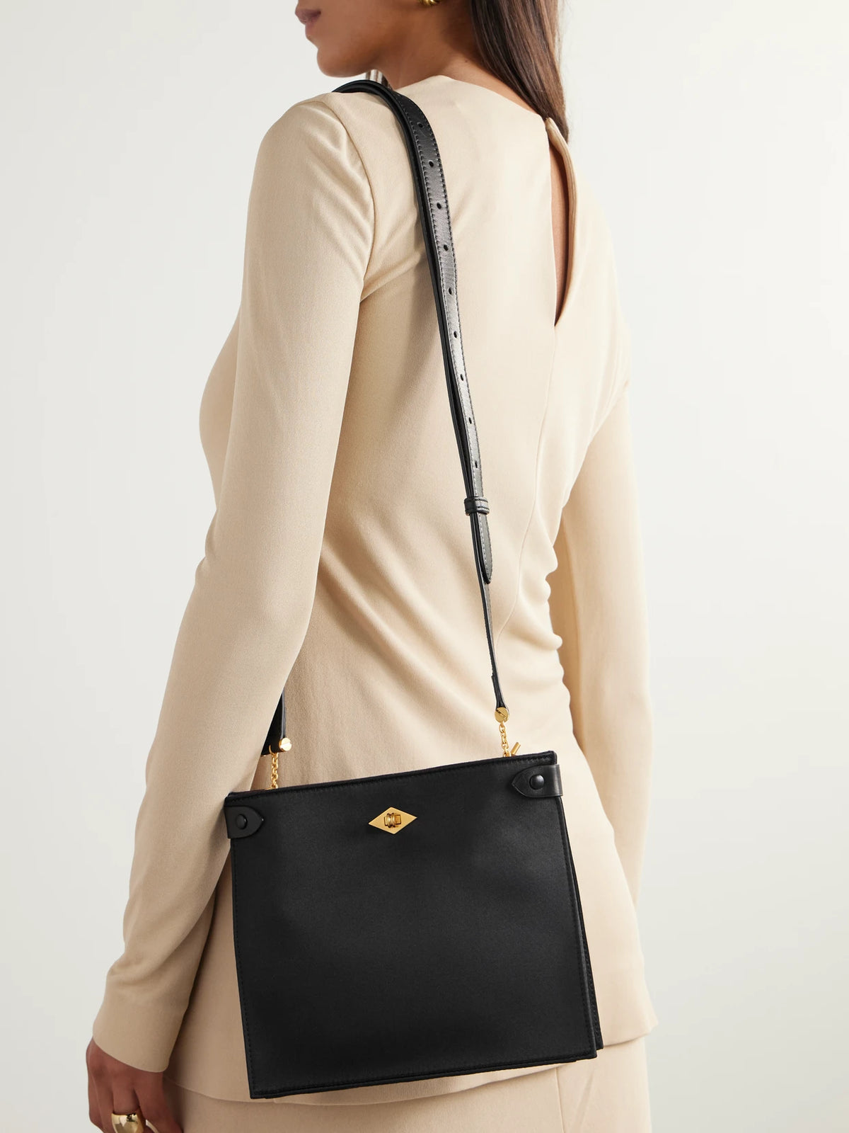 Image of Bags. Product name - Stowaway Leather-trimmed Satin Shoulder Bag in Black colour by brand - Métier