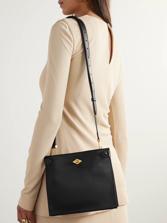 Image of Bags. Product name - Stowaway Leather-trimmed Satin Shoulder Bag in Black colour by brand - Métier