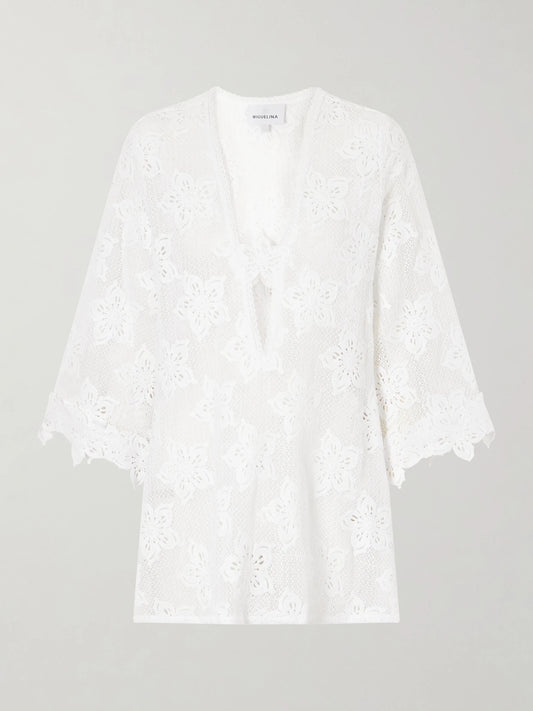 Image of Swimwear. Product name - Jane Cotton-lace Coverup in White colour by brand - Miguelina
