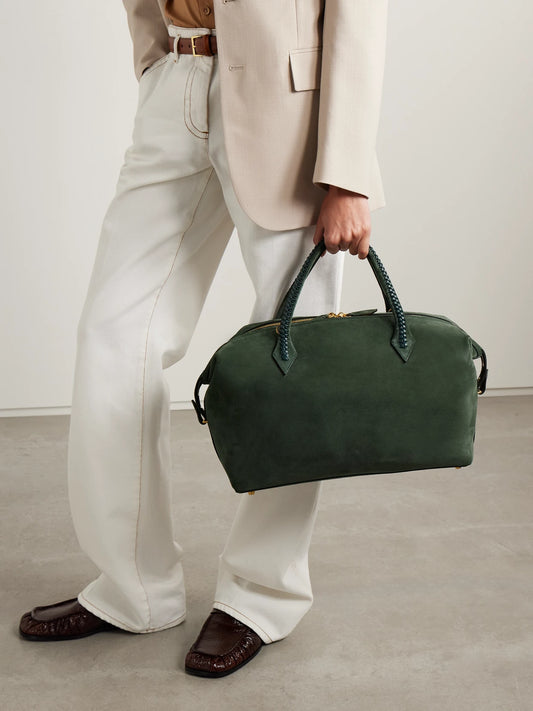 Image of Bags. Product name - Vérité City Medium Braided Leather-trimmed Suede Tote in Emerald colour by brand - Métier