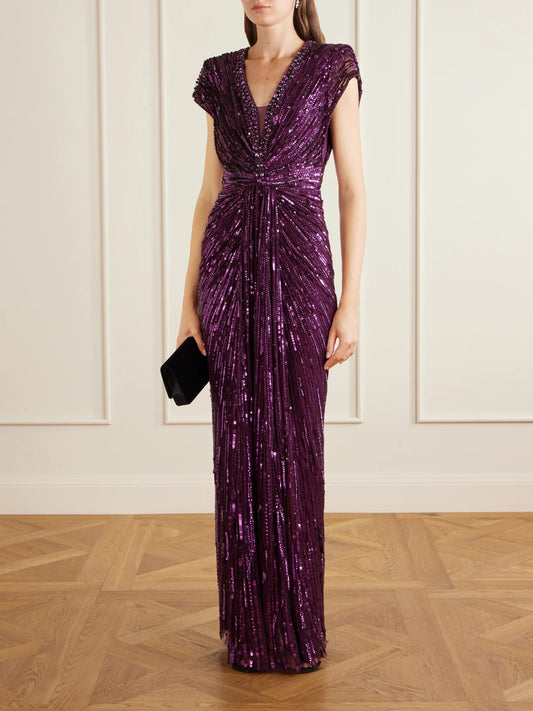 Image of Dresses. Product name - Lacie Twisted Embellished Tulle Gown in Dark purple colour by brand - Jenny Packham