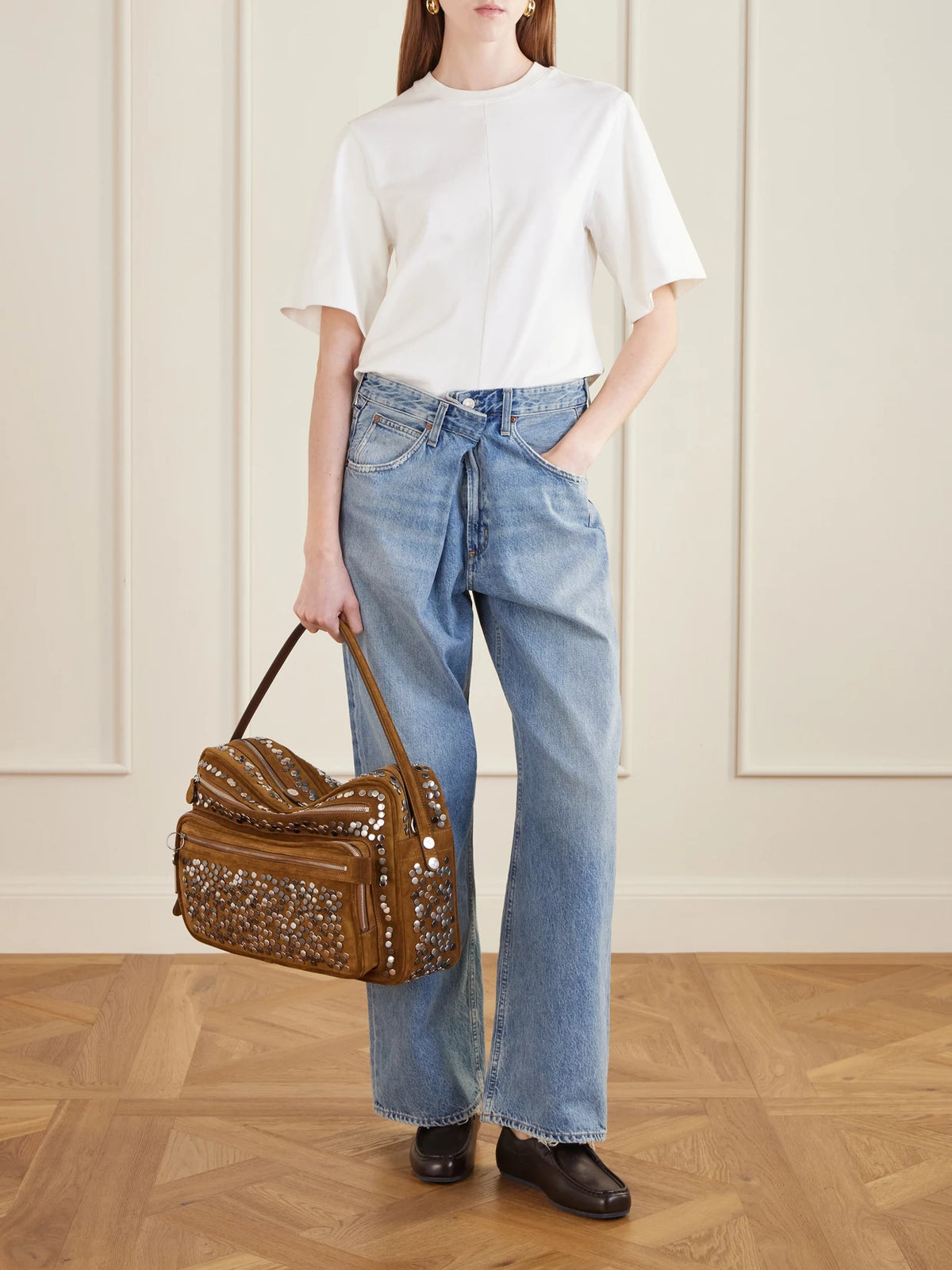 Image of Bags. Product name - Camero Camera Embellished Suede Shoulder Bag in Brown colour by brand - Acne Studios