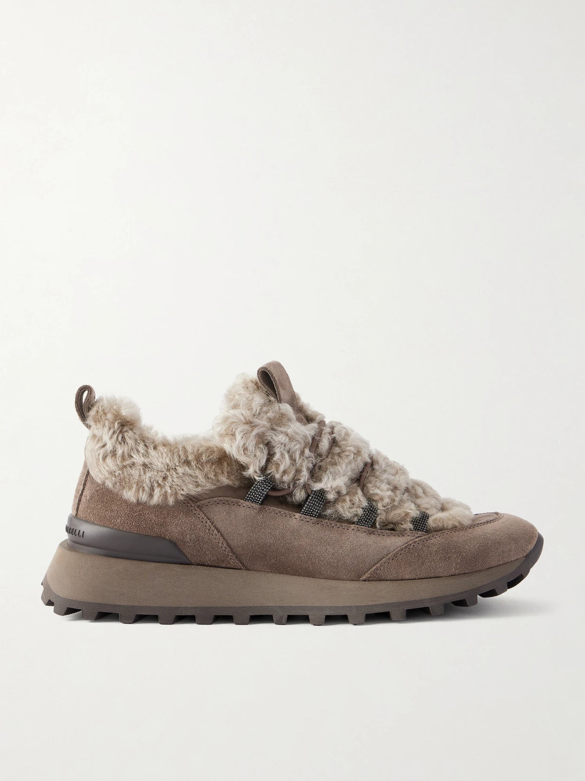 Bead-embellished Shearling-trimmed Suede Sneakers