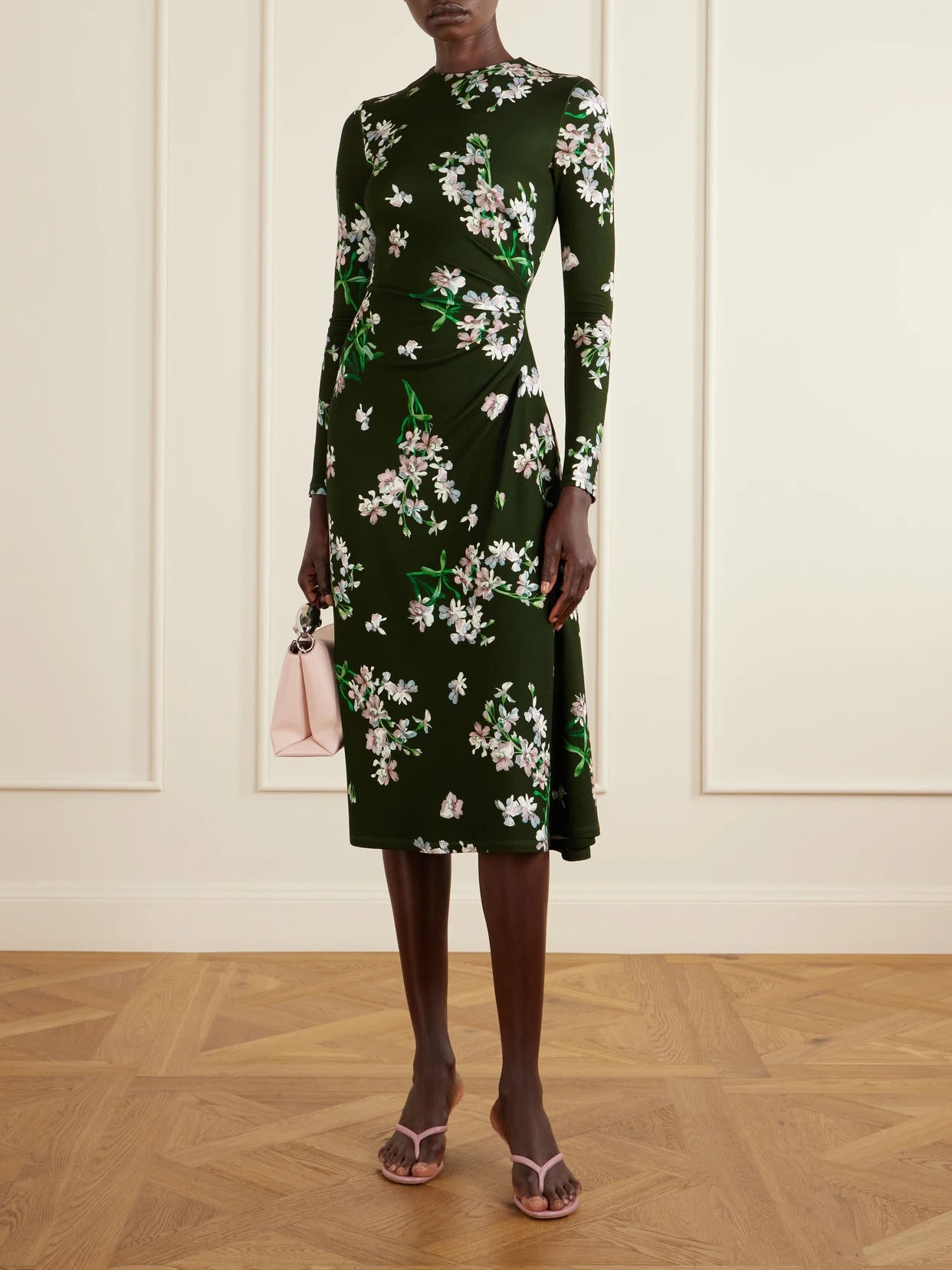 Image of Dresses. Product name - Gathered Floral-print Jersey Midi Dress in Dark green colour by brand - Erdem