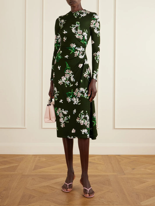 Image of Dresses. Product name - Gathered Floral-print Jersey Midi Dress in Dark green colour by brand - Erdem