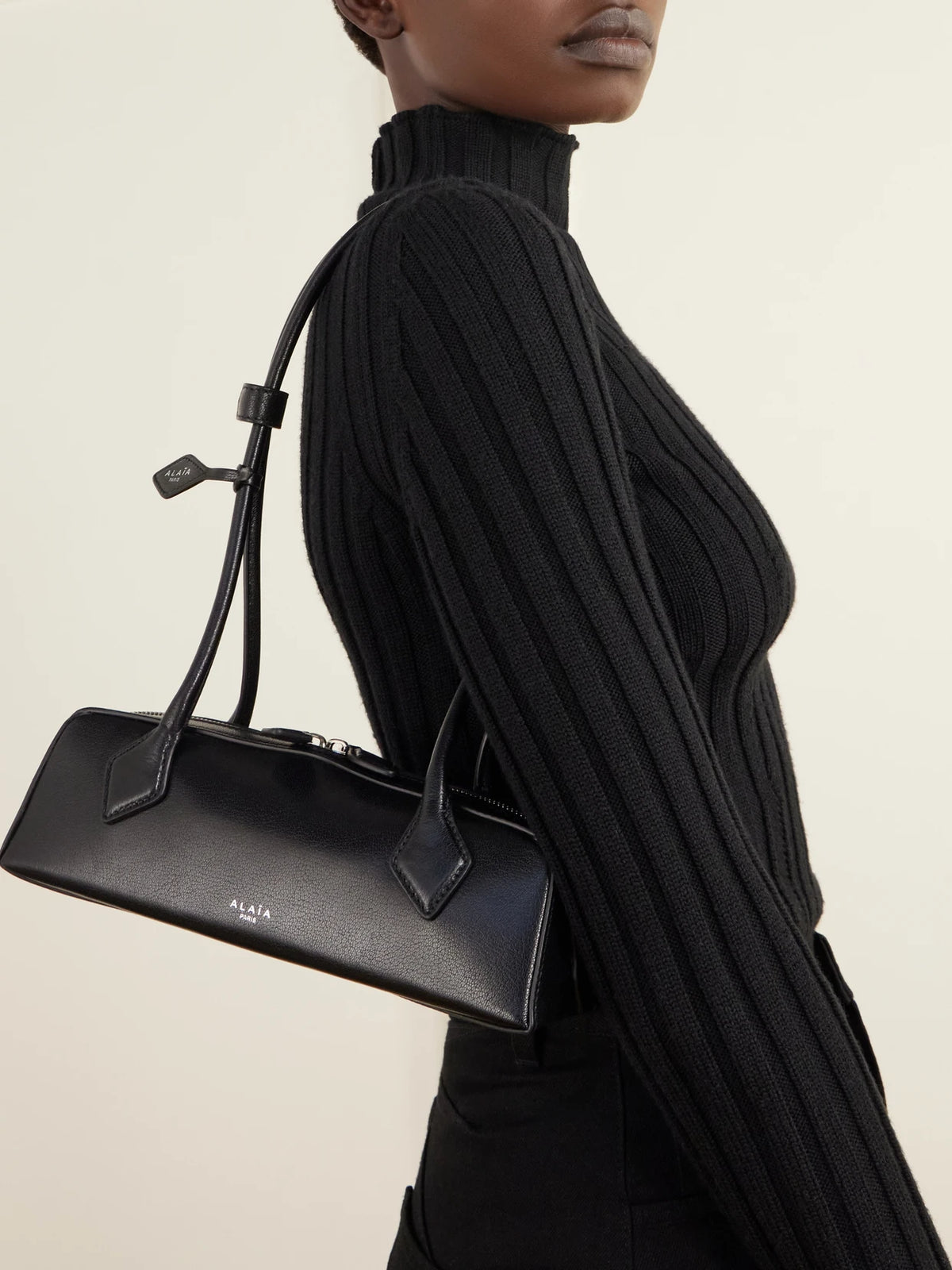 Image of Bags. Product name - Le Teckel Small Leather Shoulder Bag in Black colour by brand - Alaïa