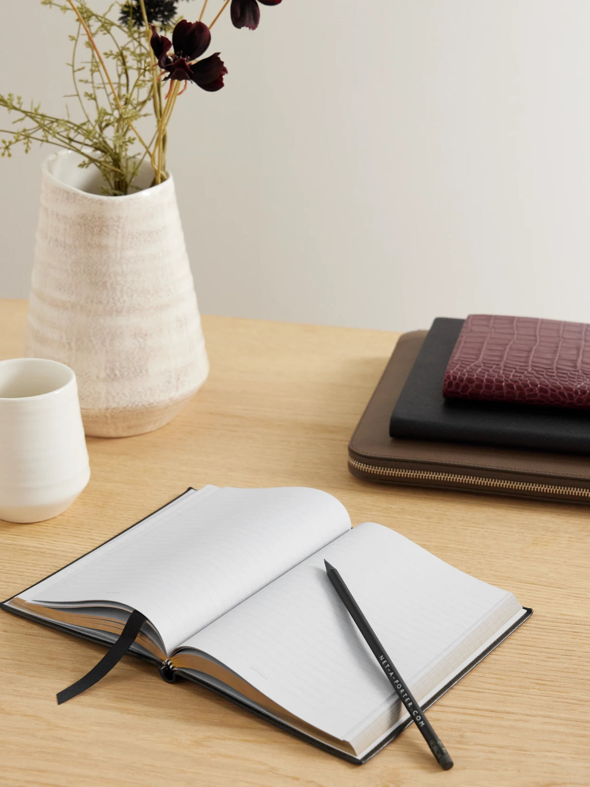 Image of Decor. Product name - Soho Panama Textured-leather Notebook in Black colour by brand - Smythson