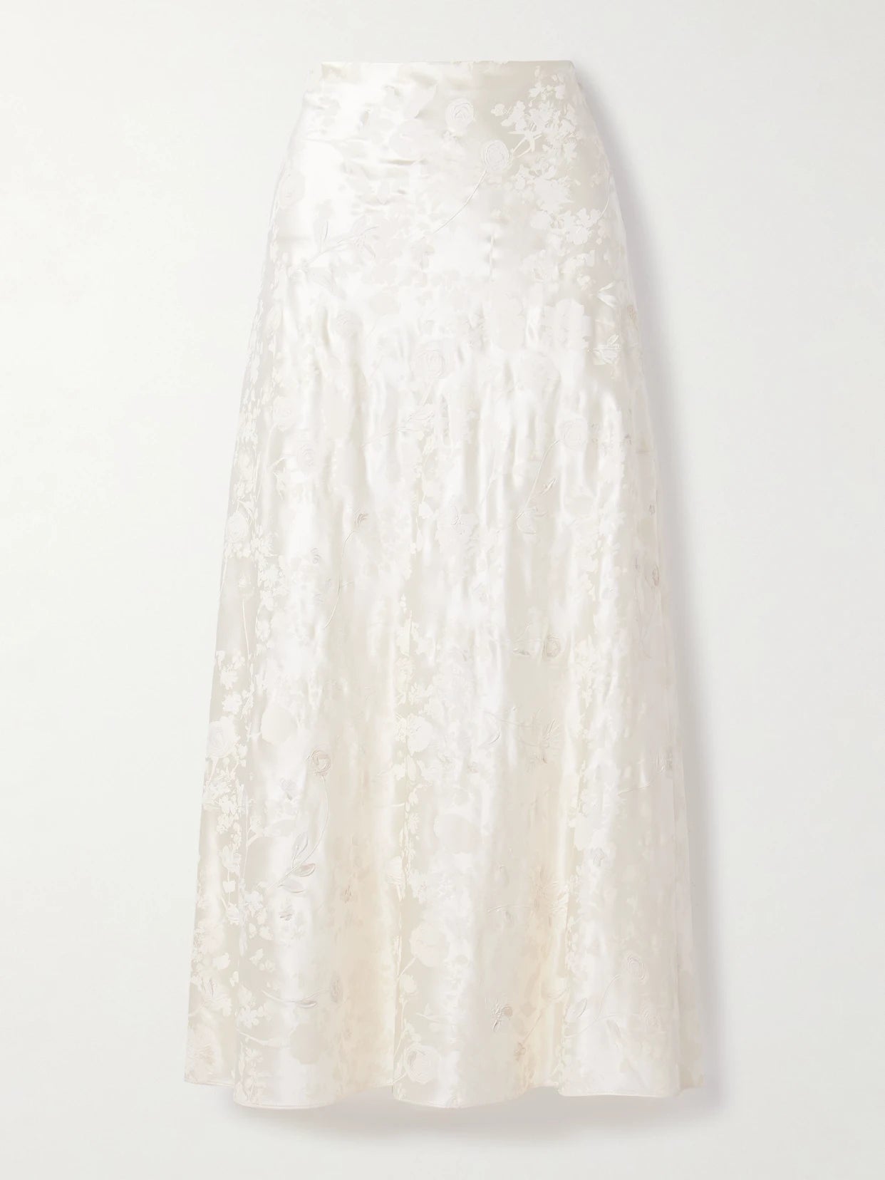 Image of a model wearing Skirts. Product name - Desi Painted Silk And Wool-blend Satin Maxi Skirt in Off-white colour by brand - Danielle Frankel