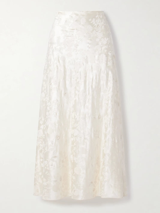 Image of a model wearing Skirts. Product name - Desi Painted Silk And Wool-blend Satin Maxi Skirt in Off-white colour by brand - Danielle Frankel