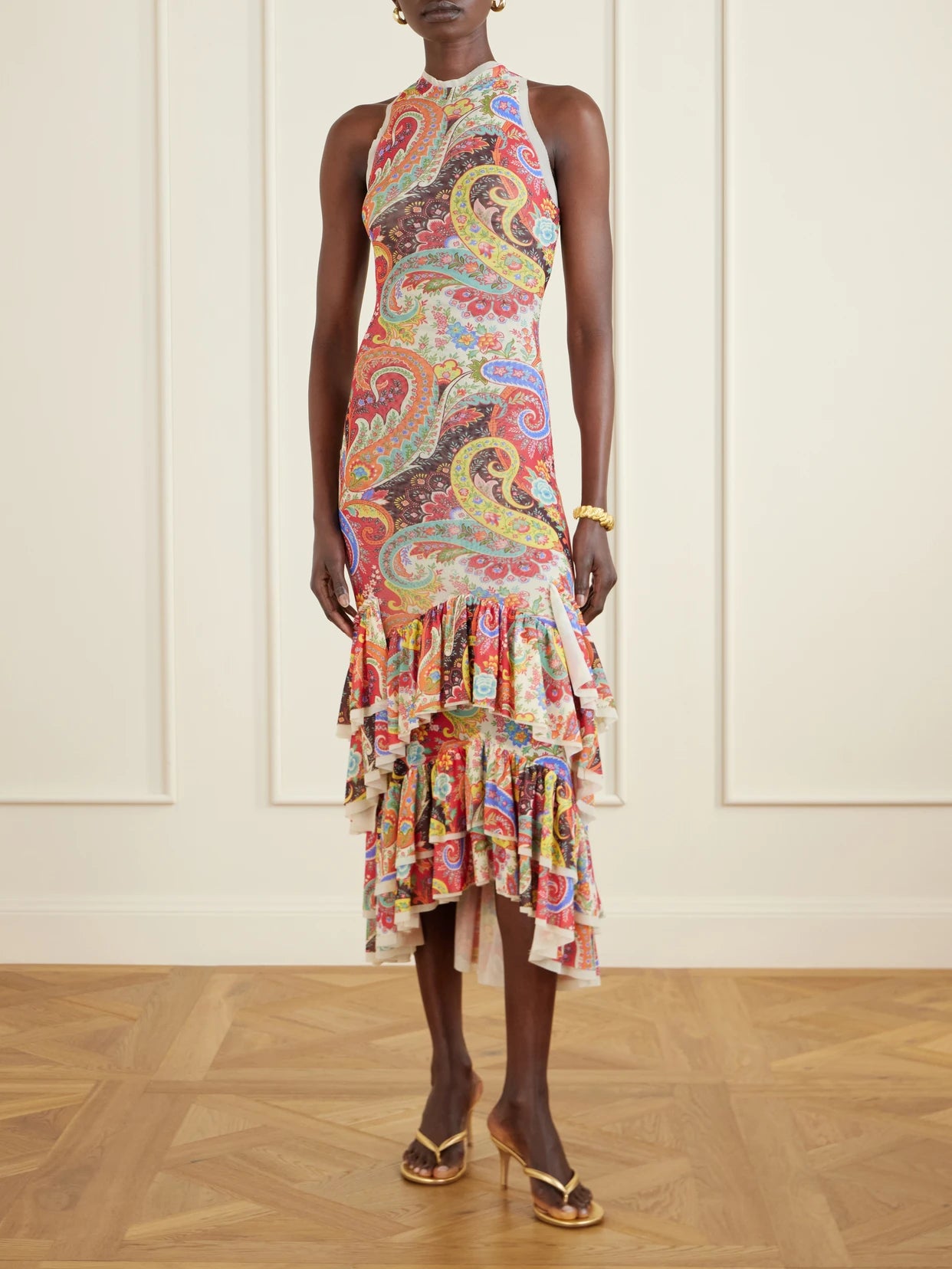 Image of Dresses. Product name - Ruffled Paisley-print Chiffon Midi Dress in Multi colour by brand - Etro