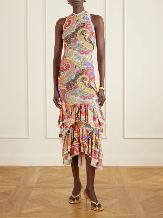 Image of Dresses. Product name - Ruffled Paisley-print Chiffon Midi Dress in Multi colour by brand - Etro