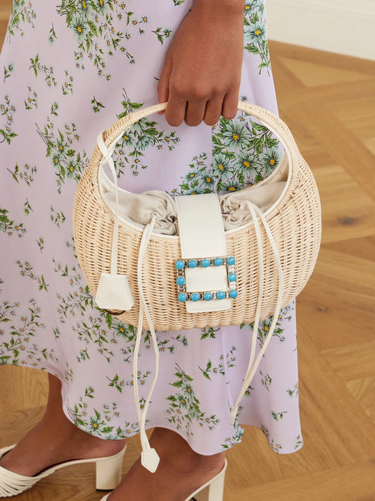 Image of Bags. Product name - Embellished Leather-trimmed Raffia Shoulder Bag in Neutral colour by brand - Roger Vivier