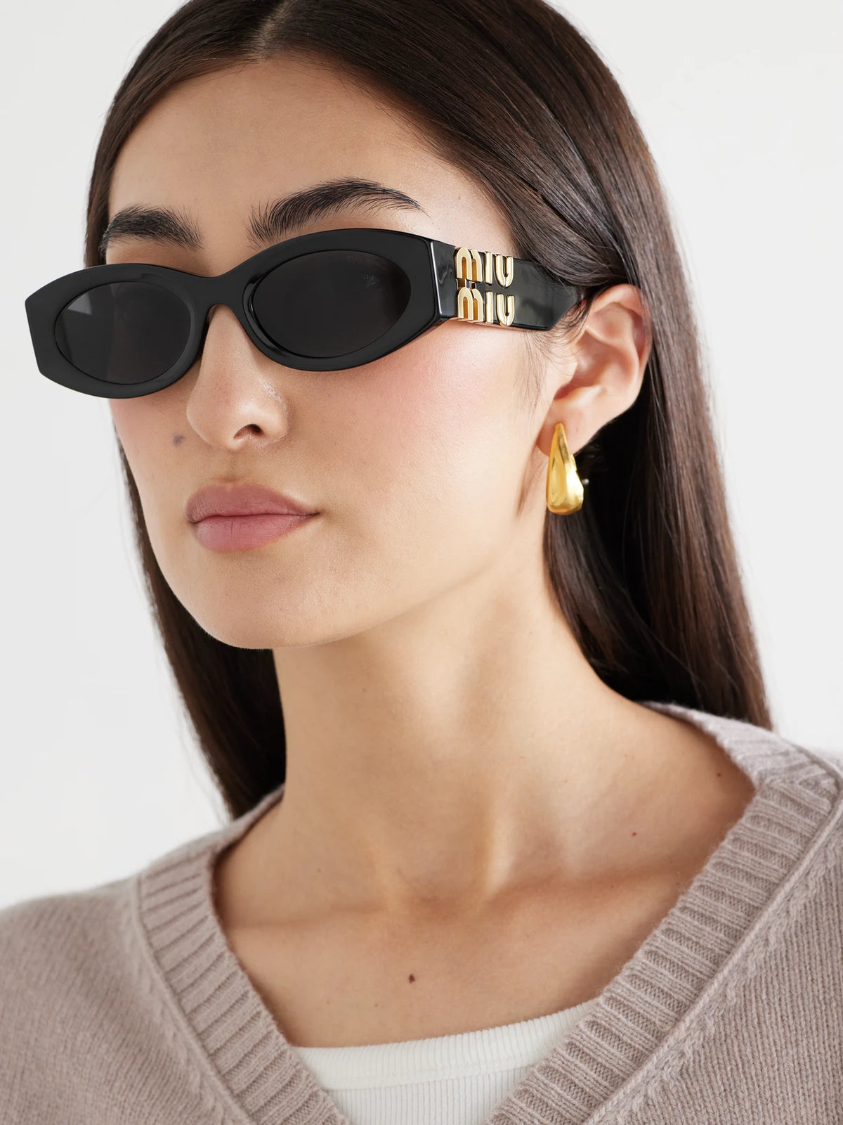 Image of Sunglasses. Product name - Glimpse Oval-frame Acetate Sunglasses in Black colour by brand - Miu Miu Eyewear
