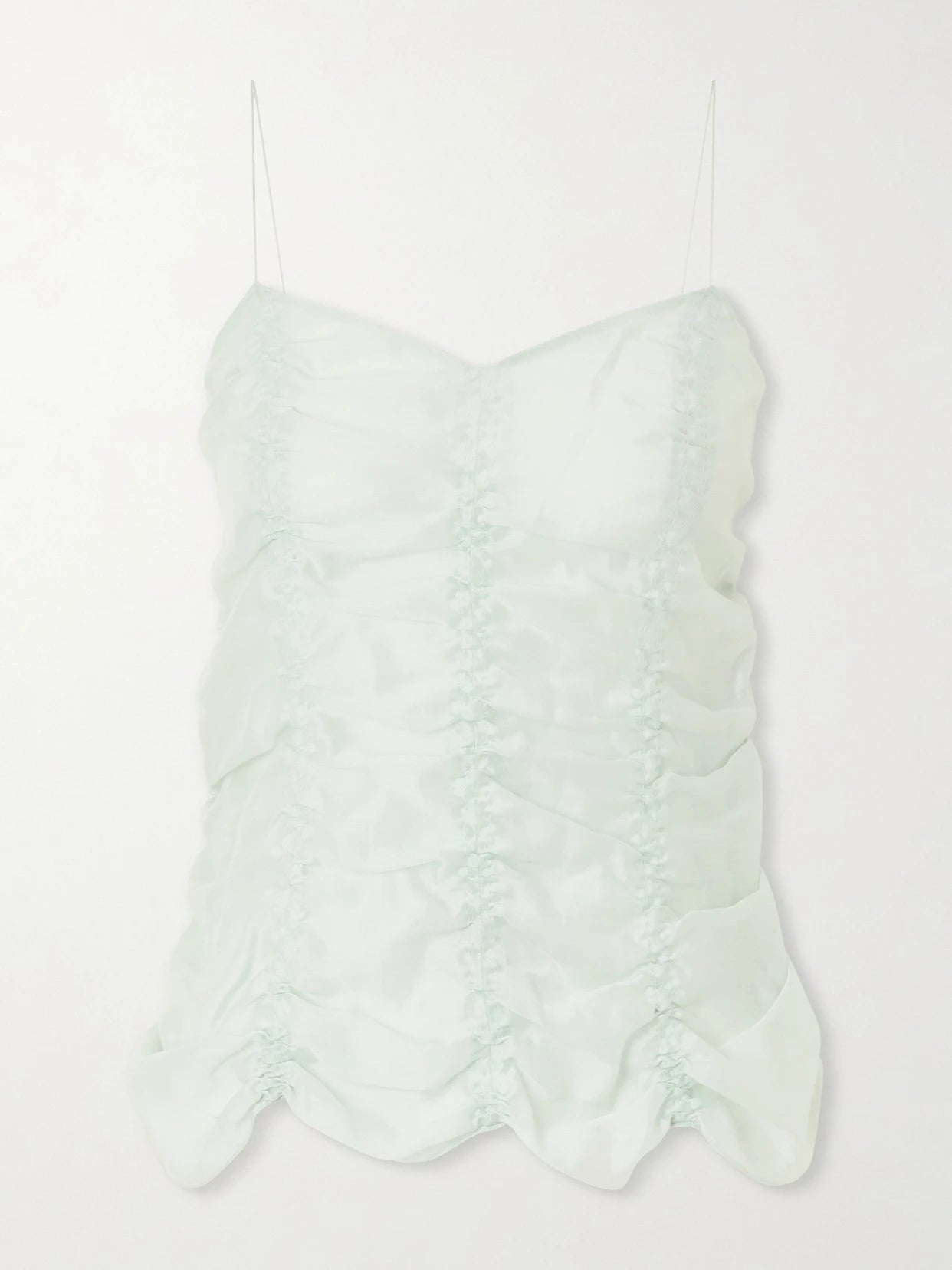 Image of a model wearing Tops. Product name - Inara Ruched Lyocell And Silk-blend Tank in Light green colour by brand - KHAITE