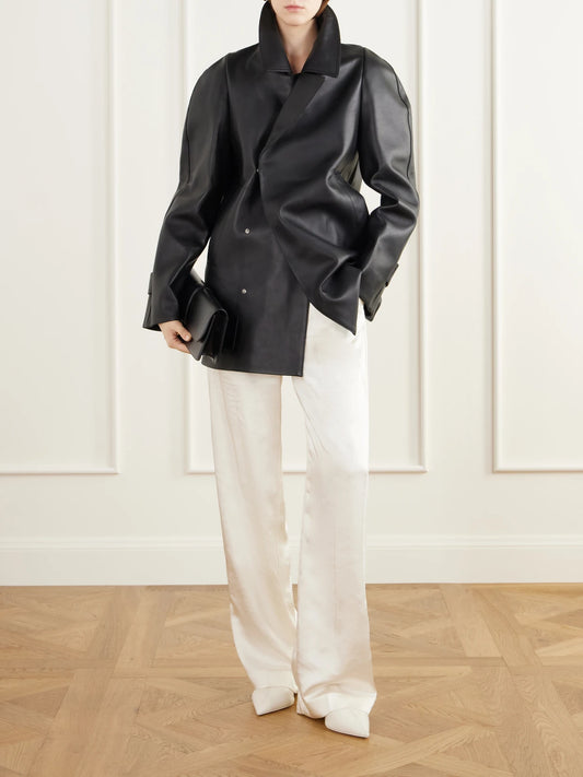 Image of Coats & Jackets. Product name - Double-breasted Leather Jacket in Black colour by brand - Victoria Beckham