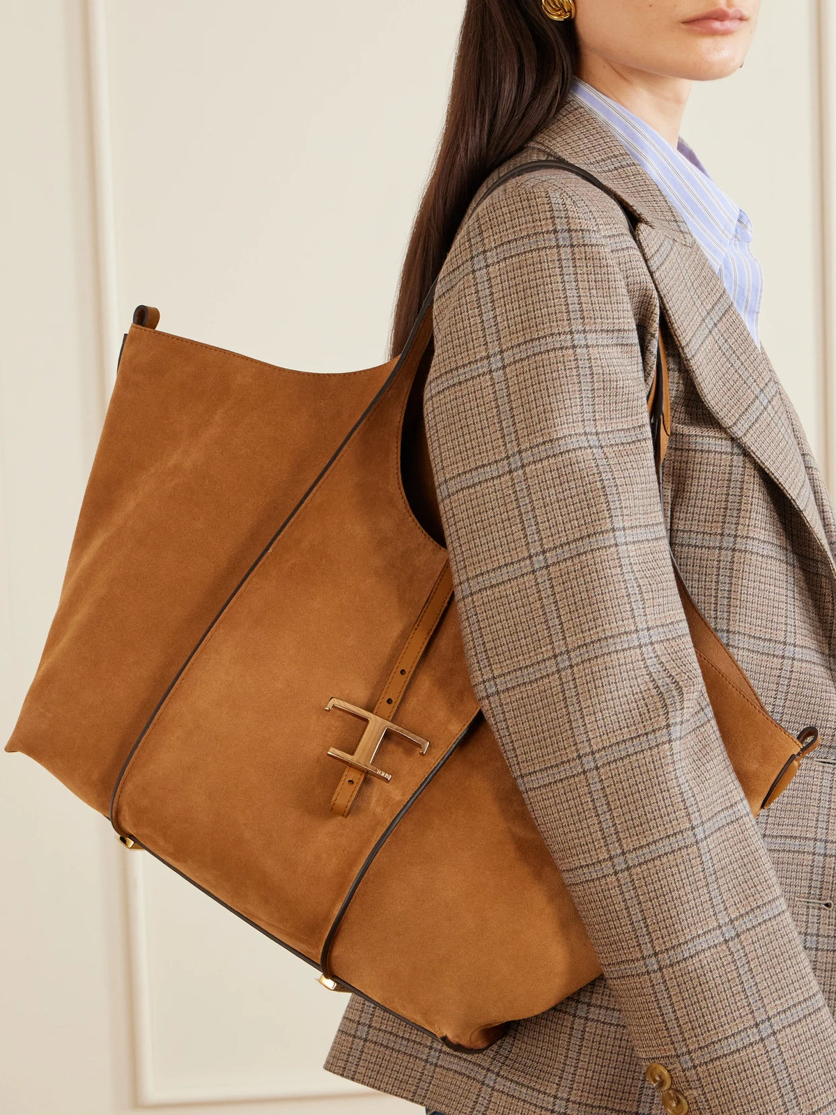 Image of Bags. Product name - T Timeless Medium Suede Shoulder Bag in Tan colour by brand - Tod's