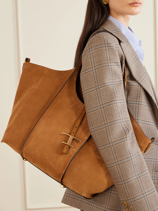Image of Bags. Product name - T Timeless Medium Suede Shoulder Bag in Tan colour by brand - Tod's