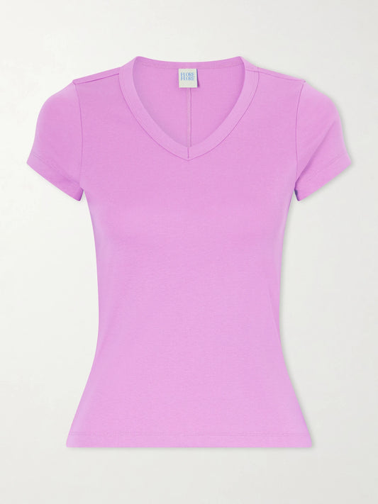 Image of a model wearing Tops. Product name - Jill Baby Tee Organic Cotton-jersey T-shirt in Pink colour by brand - FLORE FLORE