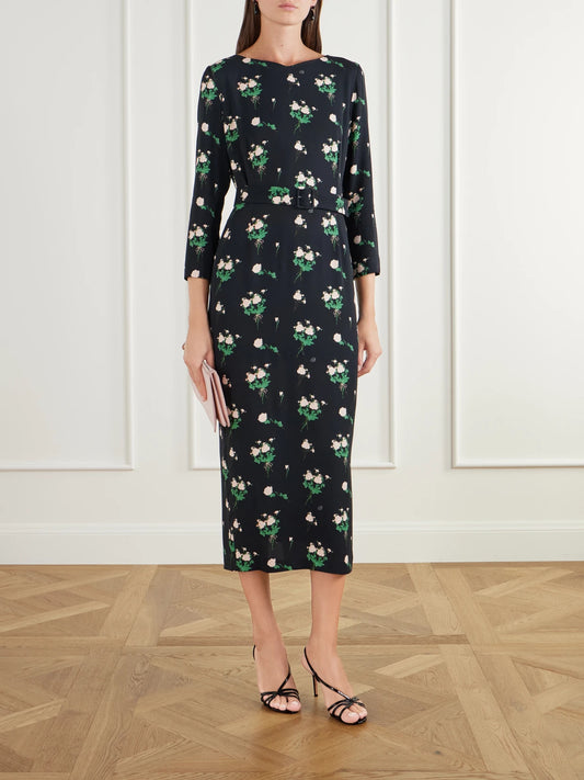 BERNADETTE Lucky Belted Floral-print Crepe Midi Dress