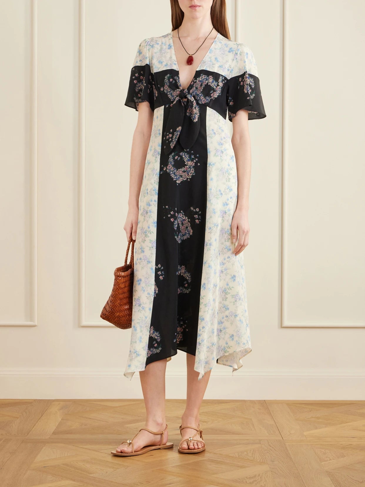Image of Dresses. Product name - Andalou Floral-print Silk Midi Dress in Multi colour by brand - MAISON MAYLE