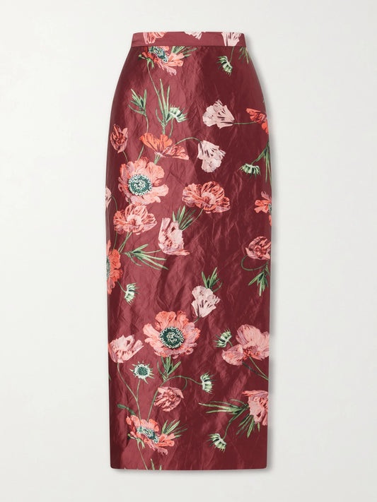 Image of a model wearing Skirts. Product name - Floral-printed Satin Midi Pencil Skirt in Burgundy colour by brand - Erdem