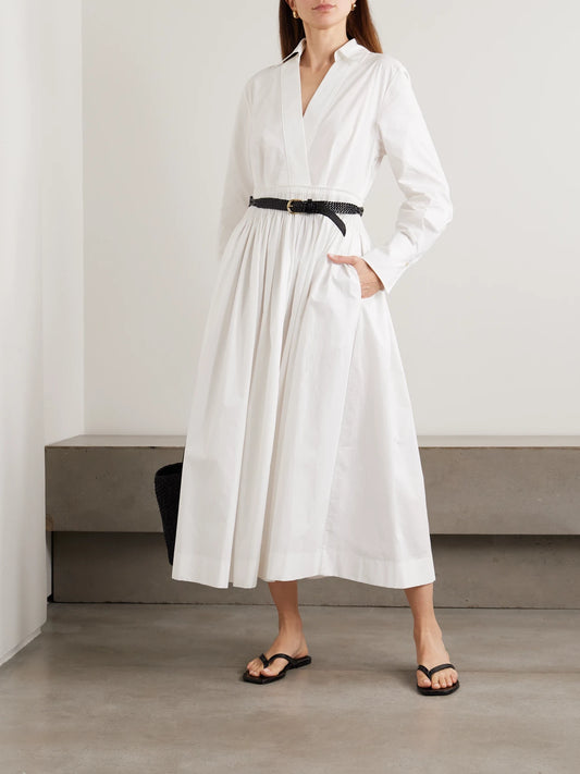 Image of Dresses. Product name - Kathe Gathered Cotton-poplin Midi Dress in White colour by brand - Joseph