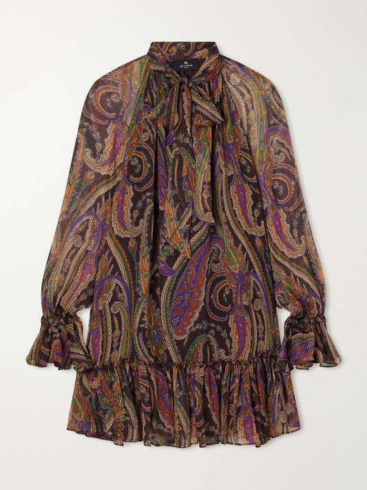 Etro Pussy-bow Gathered Paisley-print Silk-chiffon Mini Dress