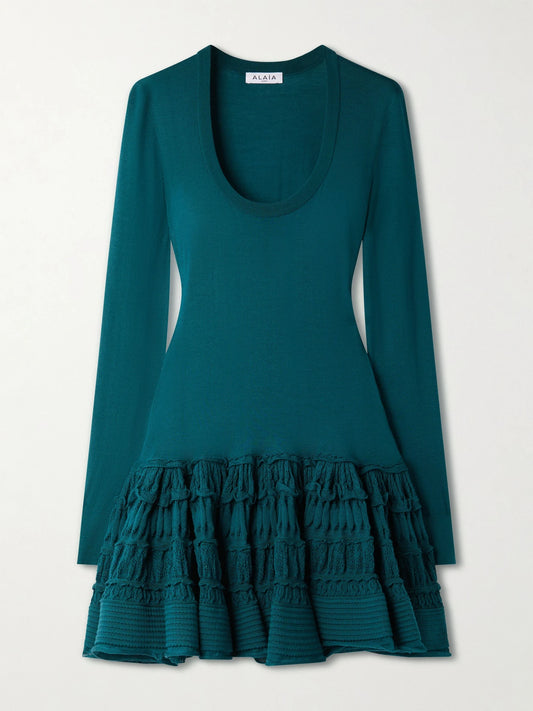 Image of Dresses. Product name - Ruffled Wool-blend Mini Dress in Petrol colour by brand - Alaïa
