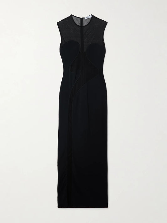 Image of Dresses. Product name - Silk-trimmed Stretch-knit Maxi Dress in Black colour by brand - Alaïa