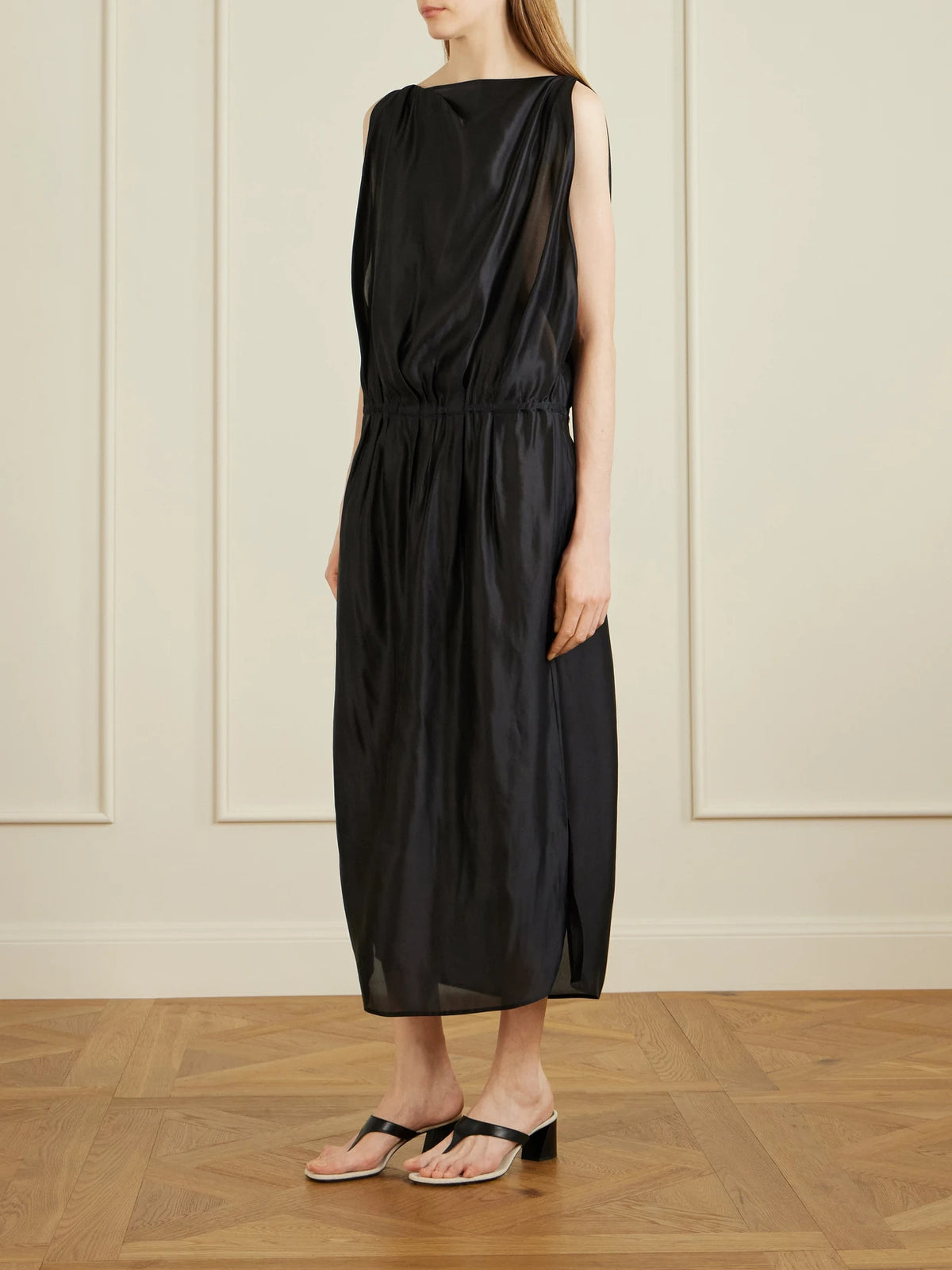Image of Dresses. Product name - Tia Satin-twill Midi Dress in Black colour by brand - KHAITE