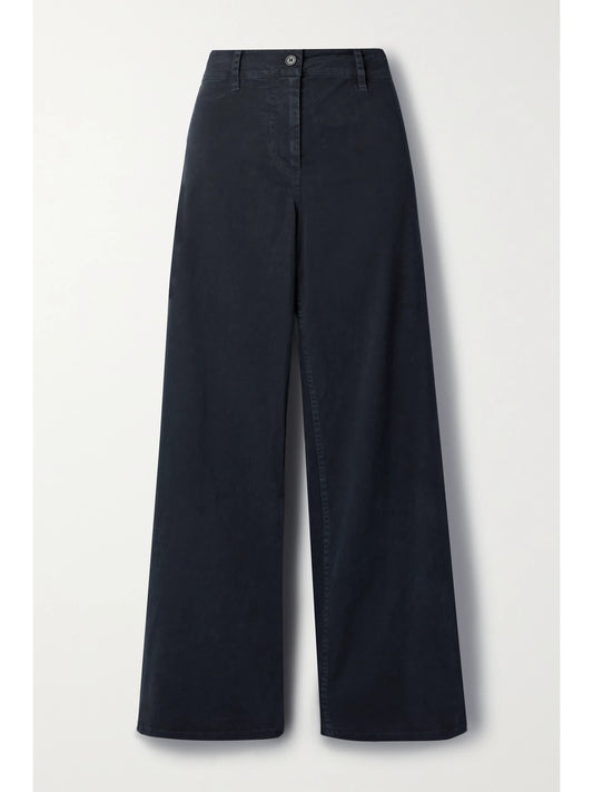 Image of a model wearing Pants. Product name - Megan Cotton-blend Twill Wide-leg Pants in Midnight blue colour by brand - Nili Lotan