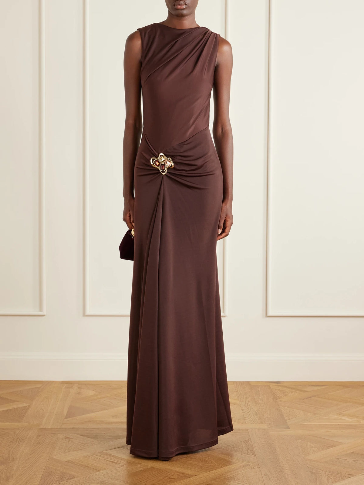 Image of Dresses. Product name - Hazine Open-back Ruched Embellished Jersey Gown in Brown colour by brand - Rebecca Vallance