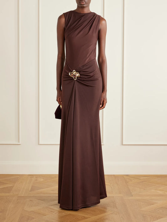 Image of Dresses. Product name - Hazine Open-back Ruched Embellished Jersey Gown in Brown colour by brand - Rebecca Vallance