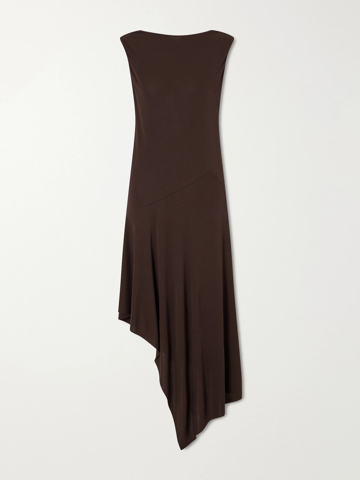 Image of Dresses. Product name - Asymmetric Jersey-crepe Midi Dress in Dark brown colour by brand - Alaïa