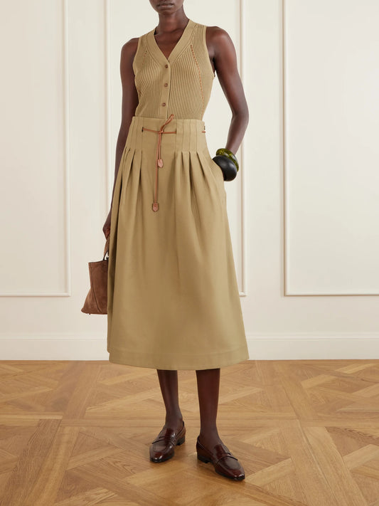 Image of a model wearing Tops. Product name - Lace-detailed Ribbed Cotton-blend Vest in Taupe colour by brand - Max Mara
