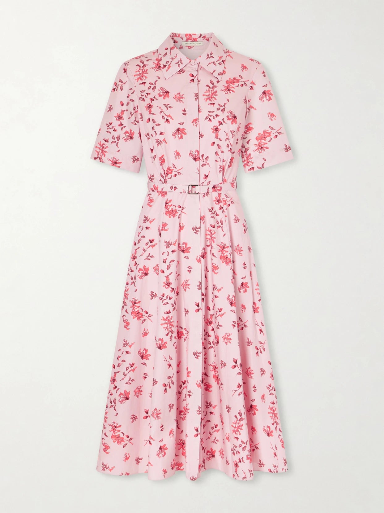 Image of Dresses. Product name - Rubie Belted Floral-print Organic Cotton-poplin Midi Dress in Baby pink colour by brand - Emilia Wickstead