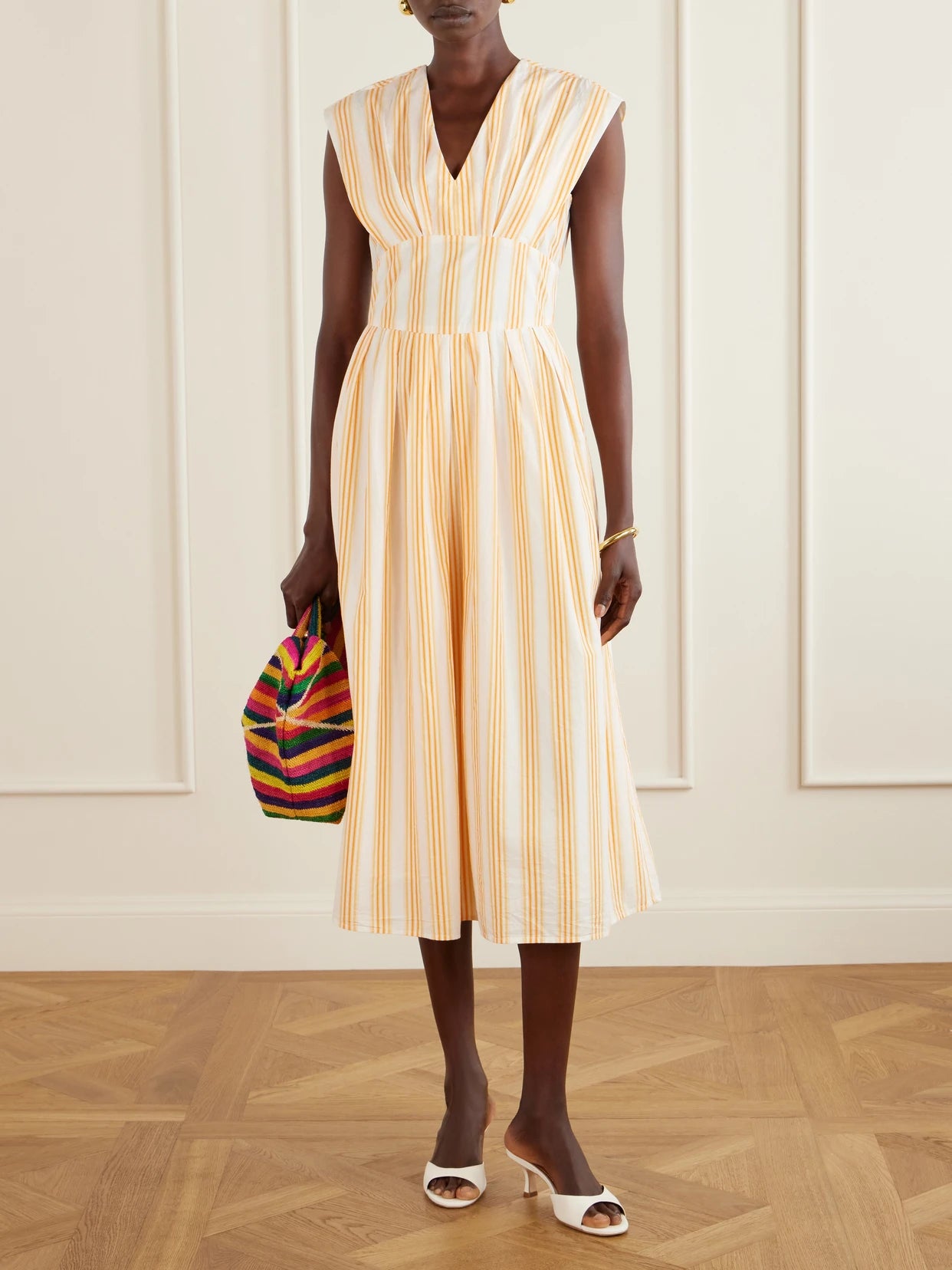 Image of Dresses. Product name - In Full Bloom Gathered Striped Cotton-taffeta Midi Dress in Orange colour by brand - Rosie Assoulin