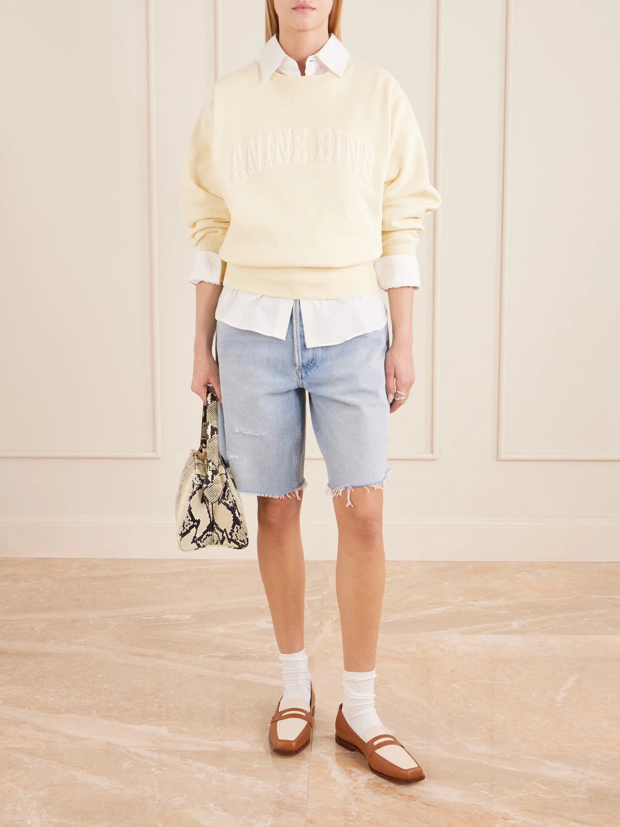 Image of Sleepwear & Loungewear. Product name - Appliquéd Cotton-fleece Sweatshirt in Cream colour by brand - Anine Bing