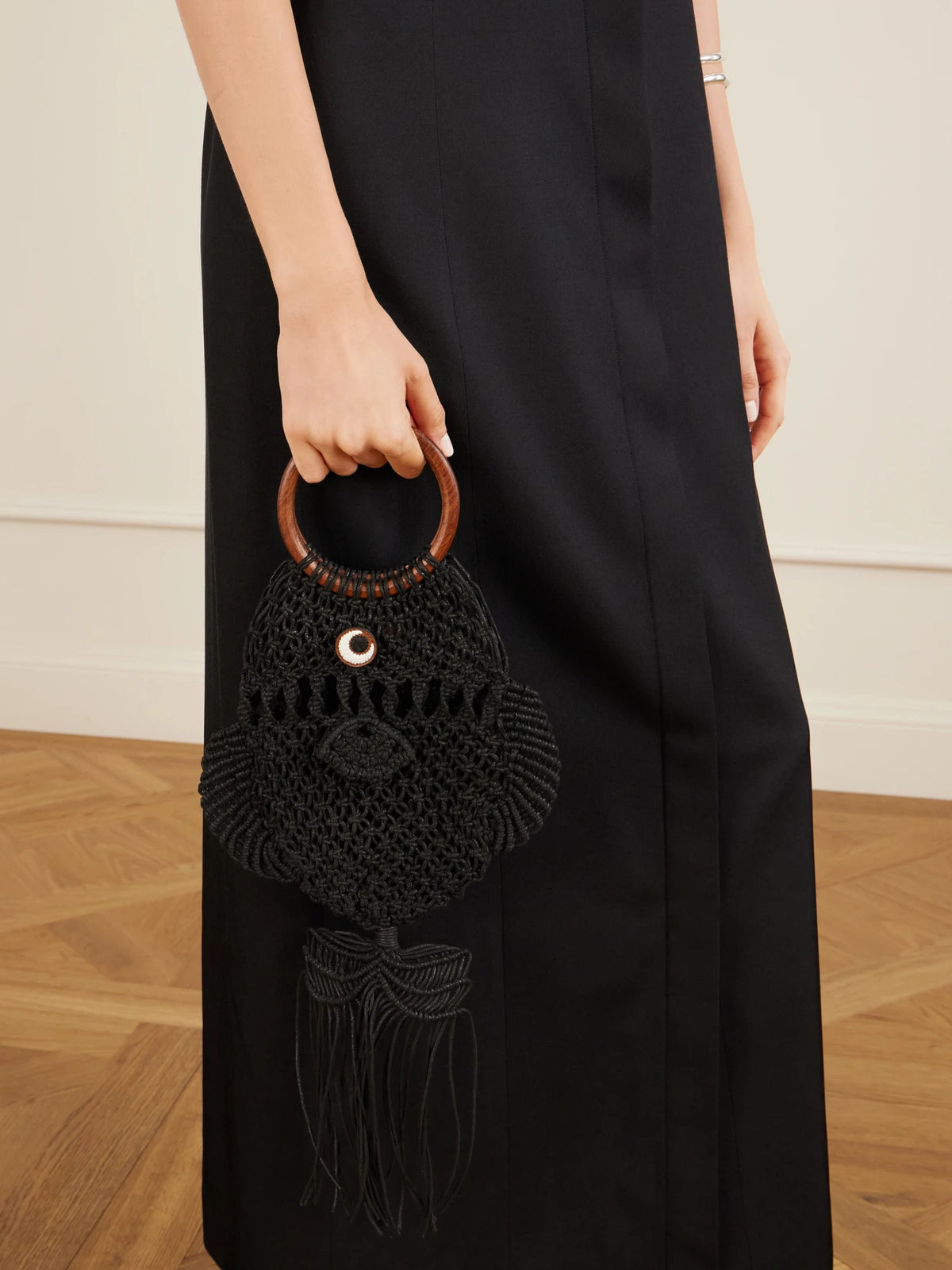Image of Bags. Product name - Macrame Leather-trimmed Cotton Clutch in Black colour by brand - Anya Hindmarch