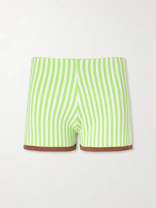 Image of a model wearing Shorts. Product name - Bella Striped Cotton-blend Shorts in Green colour by brand - Haight