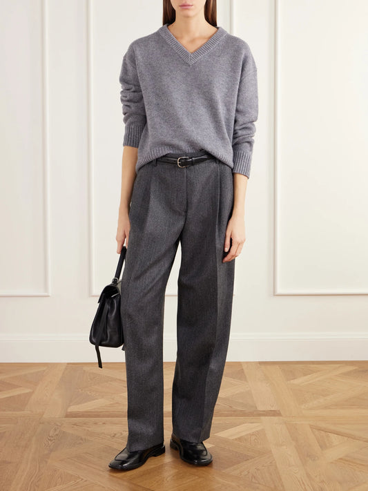 Image of a model wearing Outerwear. Product name - Yara Merino Wool And Cashmere-blend Sweater in Gray, Camel colour by brand - Almada