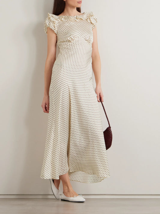 Image of Dresses. Product name - Emerence Ruffled Polka-dot Silk-blend Twill Midi Dress in Cream colour by brand - DÔEN