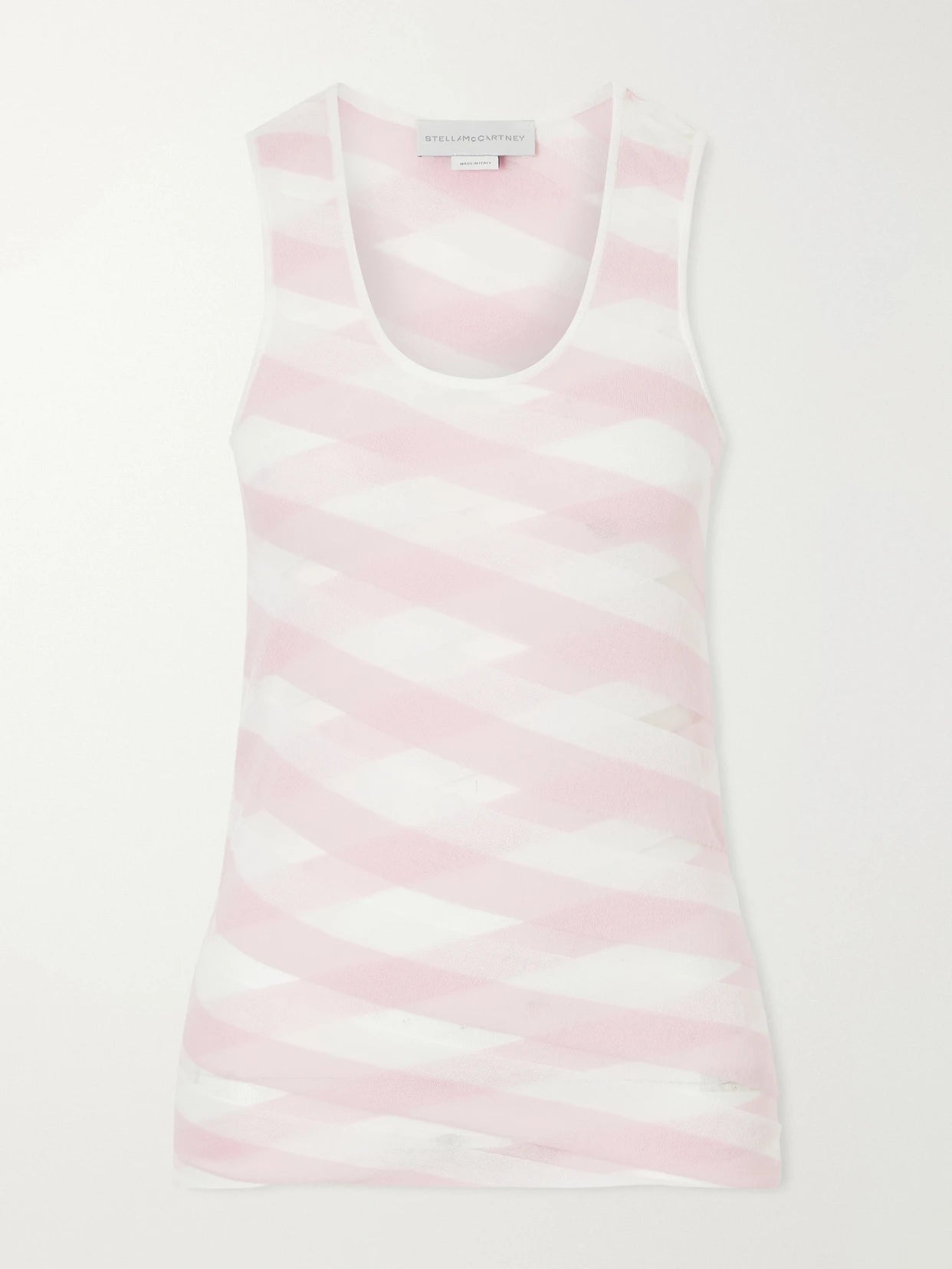 Image of a model wearing Tops. Product name - Striped Mesh-paneled Cotton-blend Tank Top in Pink colour by brand - Stella McCartney