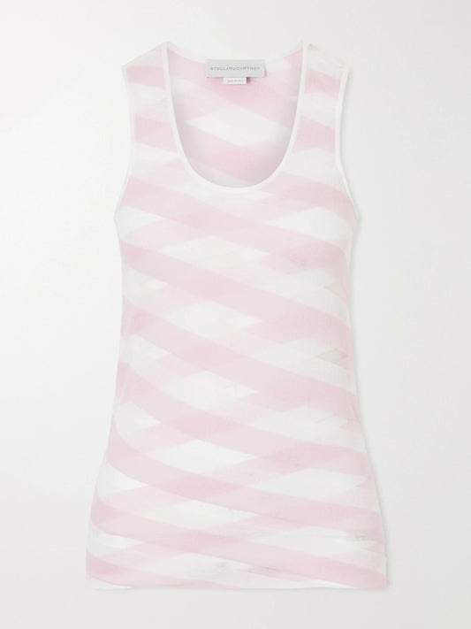Image of a model wearing Tops. Product name - Striped Mesh-paneled Cotton-blend Tank Top in Pink colour by brand - Stella McCartney